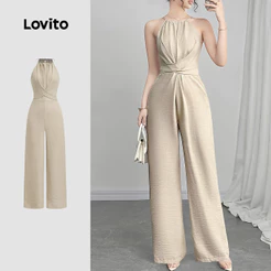 Lovito Elegante Macacão com Laço Nas Costas e Zíper Primavera/verão Caqui para Mulheres LBL27380