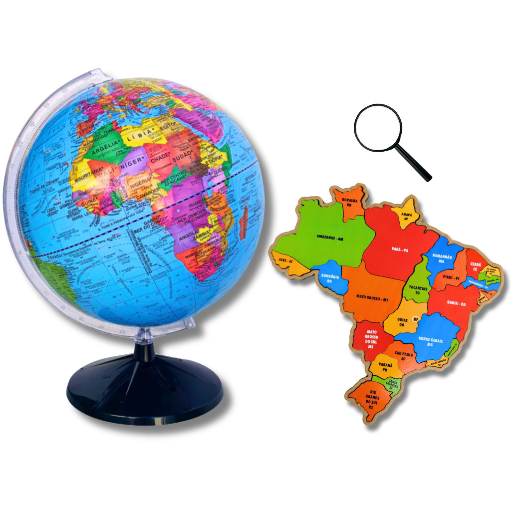 Globo Terrestre Politico Giratório  + Quebra Cabeça Mapa Do Brasil Gigante + Lupa em Oferta na Shopee