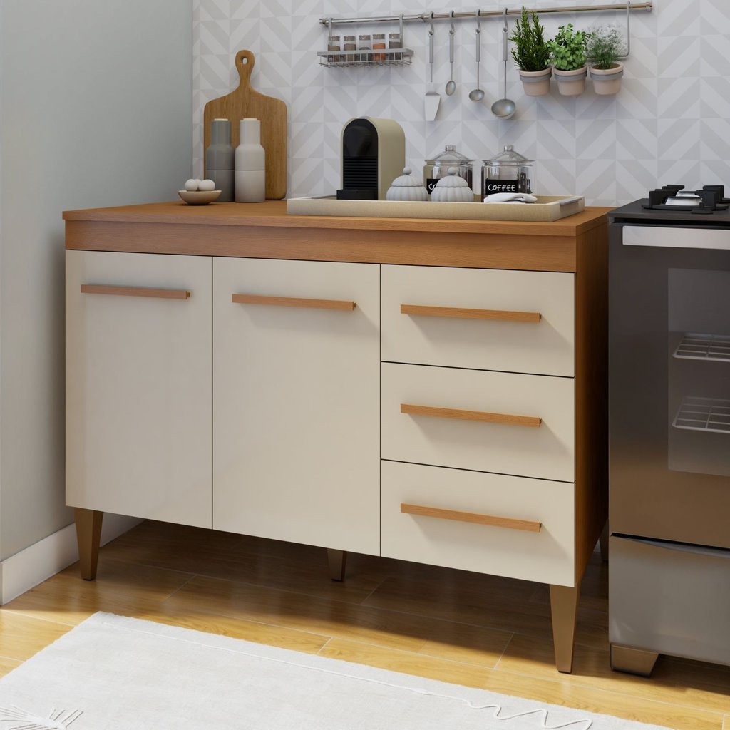 Balcão de Cozinha com Tampo 2 Portas 3 Gavetas Atenas  Nature/Off White em Oferta na Shopee