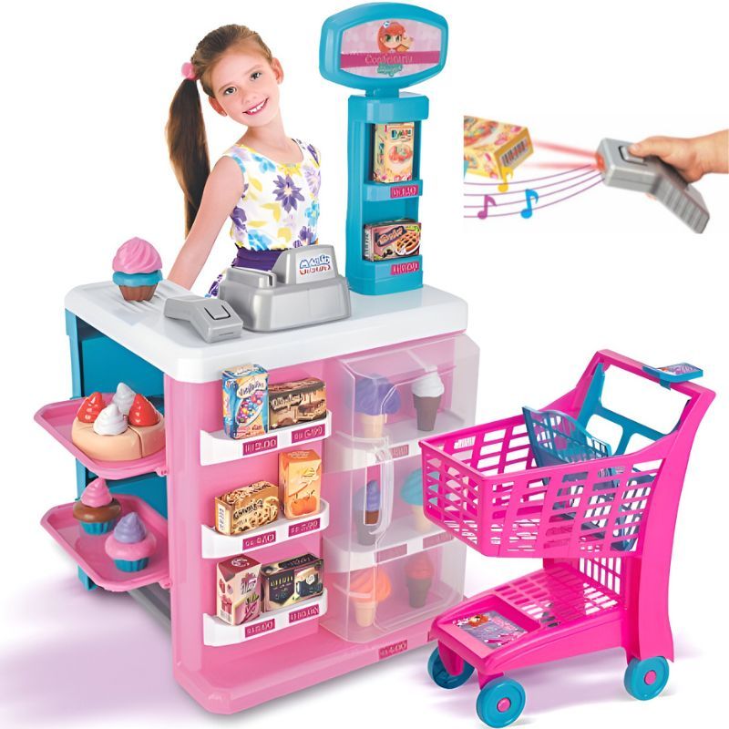 Mercado Confeitaria Mágica com Carrinho de Compras Caixa Registradora Infantil Acessórios Luz e Som Magic Toys