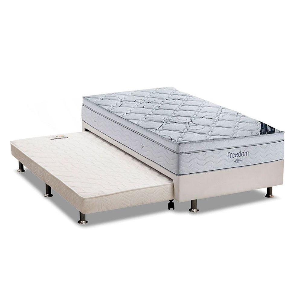 Cama Box c/Auxiliar Solteiro: Colchão Ortobom SuperPocket Freedom Visco + Base CRC Courano Branco(88x188) em Oferta na Shopee