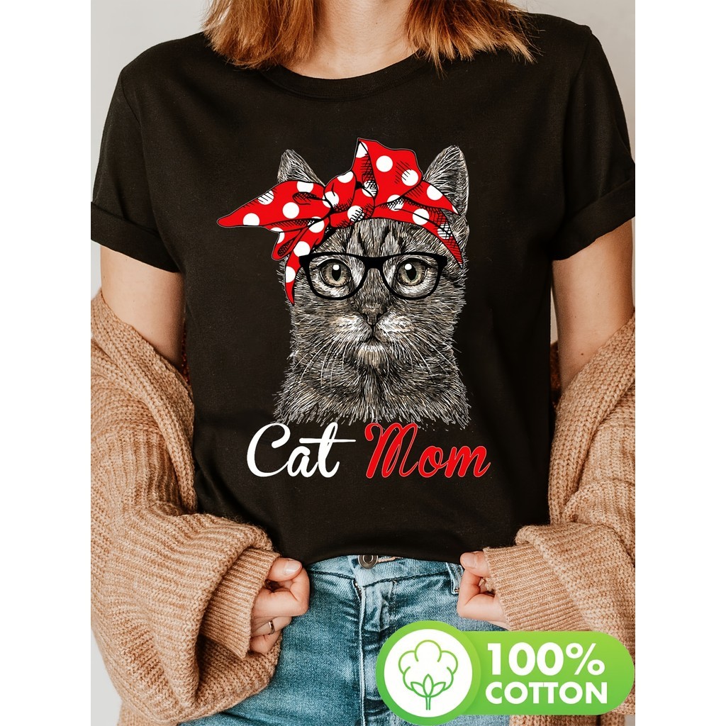 Camiseta Feminina Cat Mom Gata Mãe Divertida Laço Bolinhas Estilosa Confortável Verão