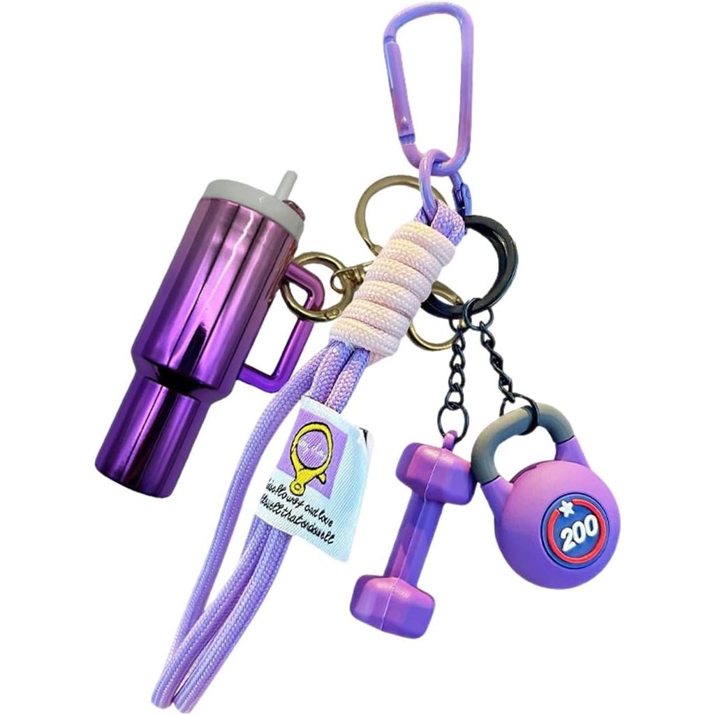 Chaveiro De Pulseira De Fitness Roxo Fofo – Haltere , Kettlebell E Pingente De Copo , Bolsa Esportiva Para Mulheres Aman