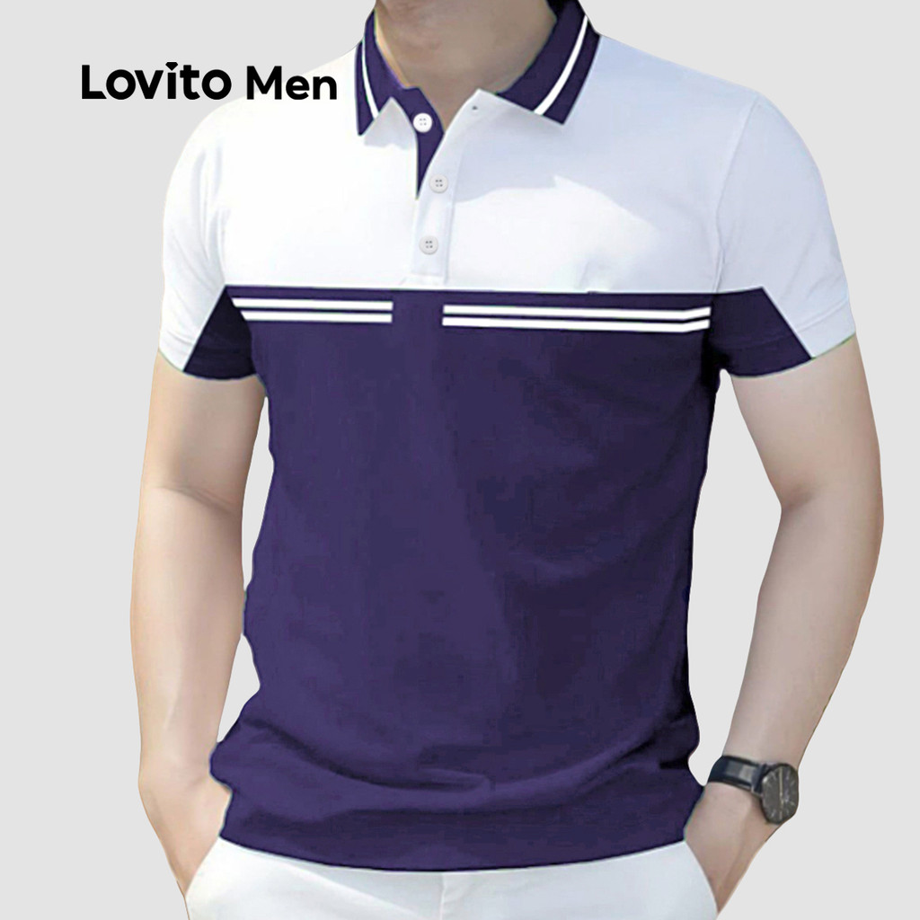 Lovito Camisa Pólo Casual Colorida de Primavera/verão - Camisa Pólo Azul Escura para homens LNE110040 em Oferta na Shopee