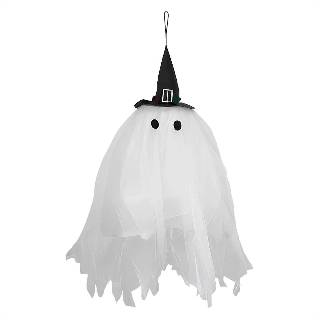 Decoração de Halloween Grande pra Pendurar Fantasma Branco com Chapeu de Bruxa e Led 80 cm