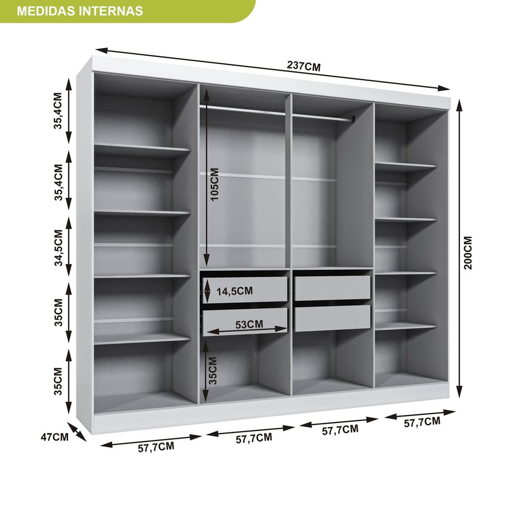 Detalhes do Guarda Roupa Casal 8 Portas 4 Gavetas Paris Espresso Móveis Branco