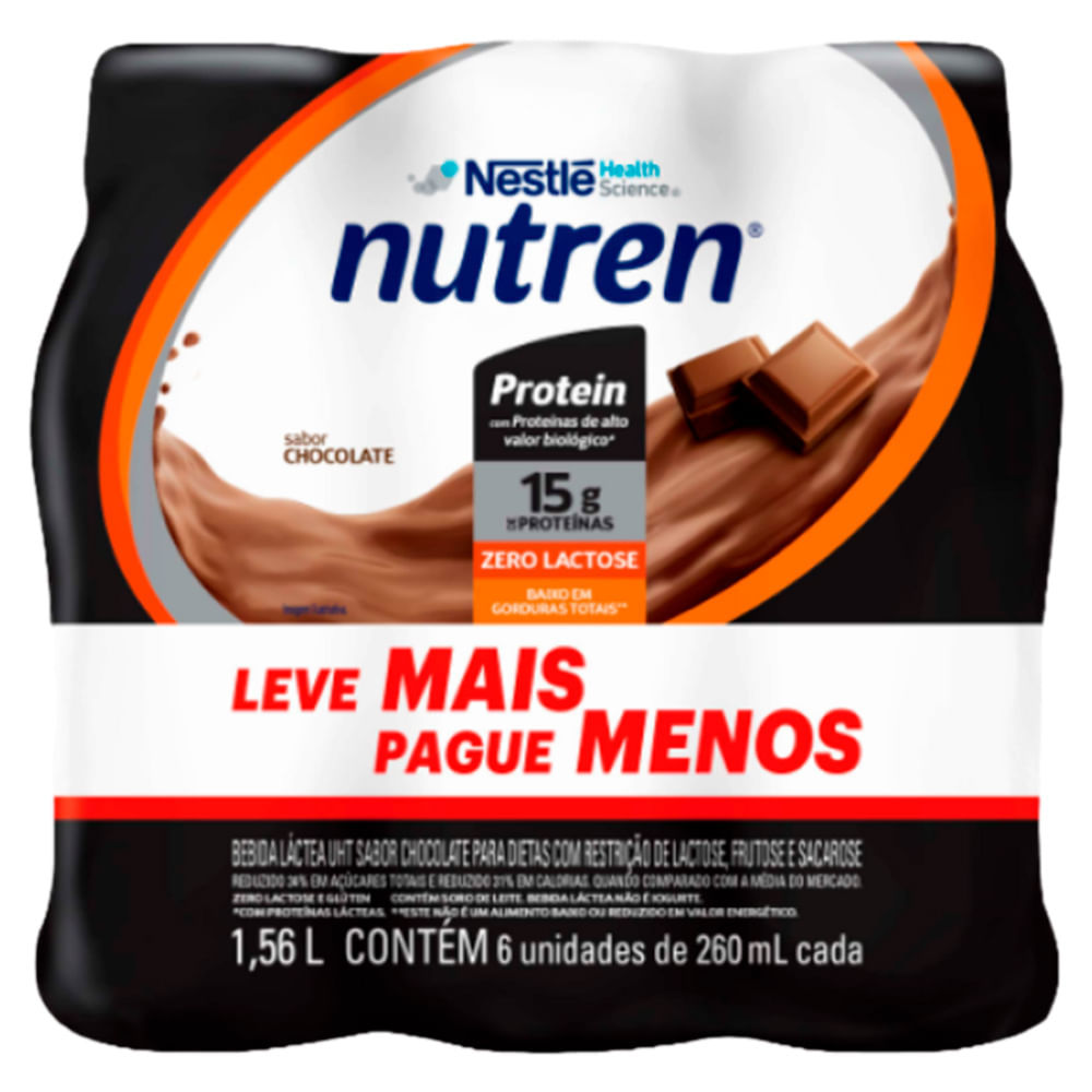 Nutren Protein Sabor Chocolate 15g de Proteína Leve Mais por Menos Com 6 Unidades 260ml Cada