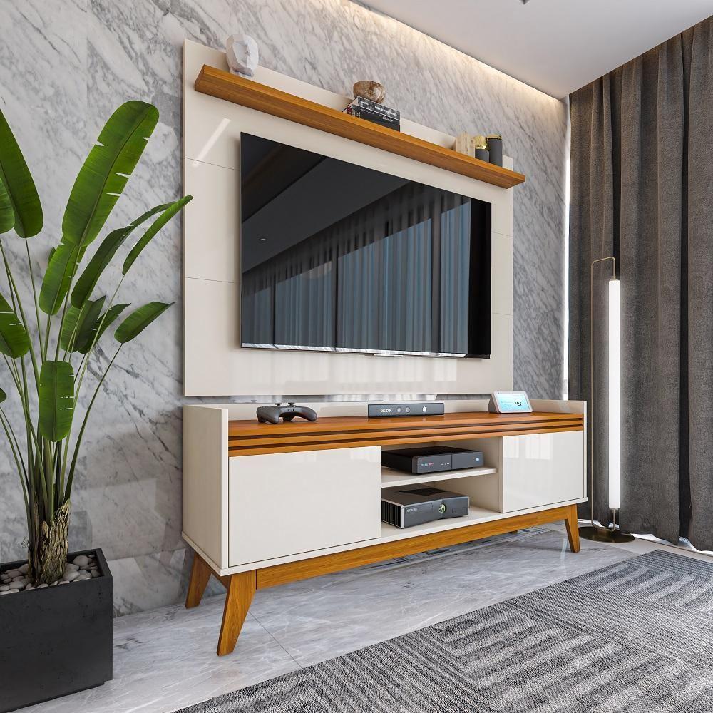 Painel Ripado Com Rack 50 Polegadas 136cm Monaco - Off White E Cedro em Oferta na Shopee