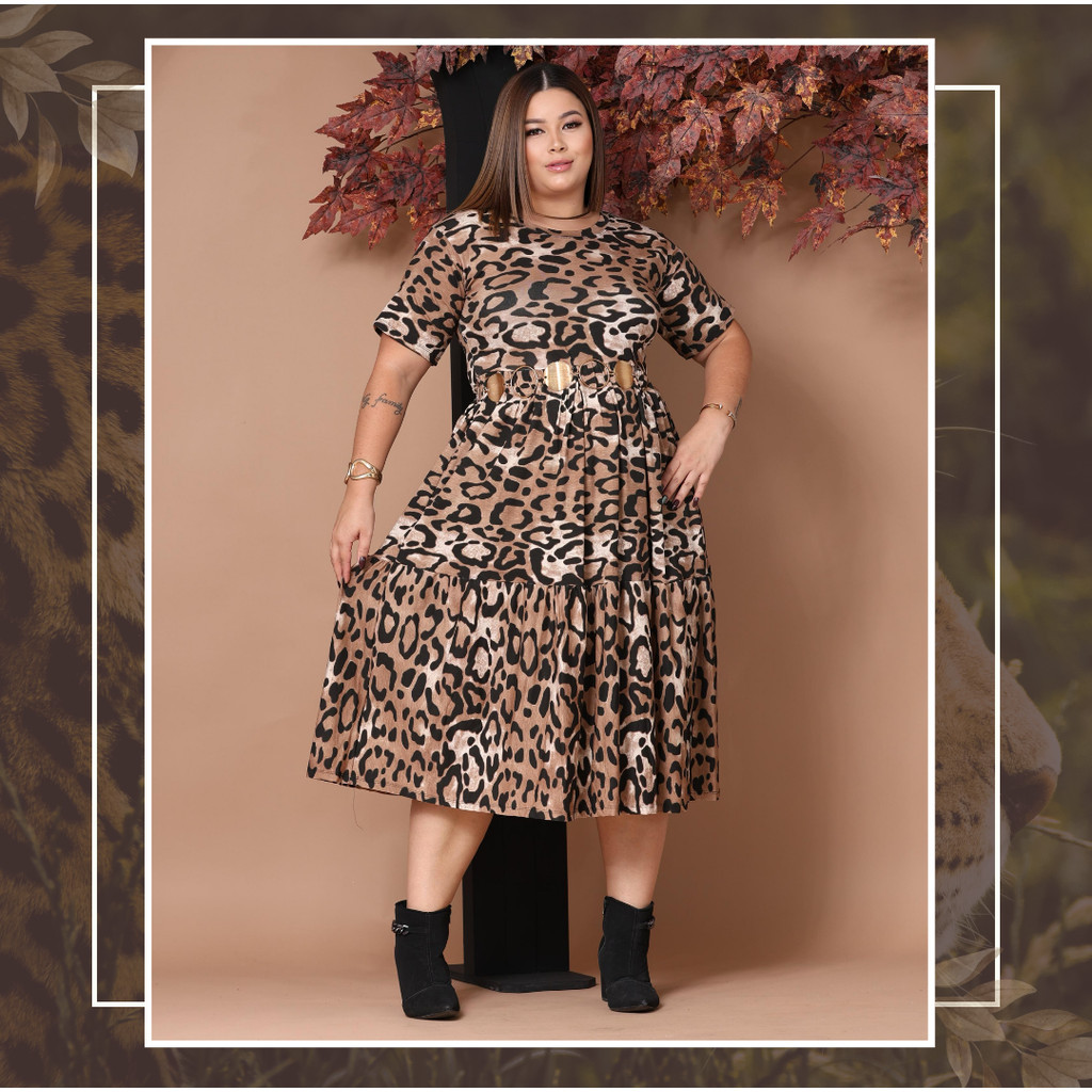 Vestido Midi Feminino Plus Size com Manga Estampa de Onça em Viscolycra – Soltinho, Confortável e Elegante