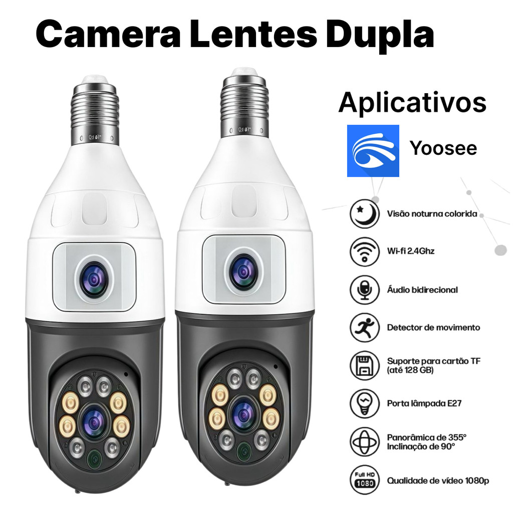 Kit 1-2 Câmera De Segurança Wifi 2 Lentes Dupla Full HD Visão Noturna Microfone Ip App Yoose