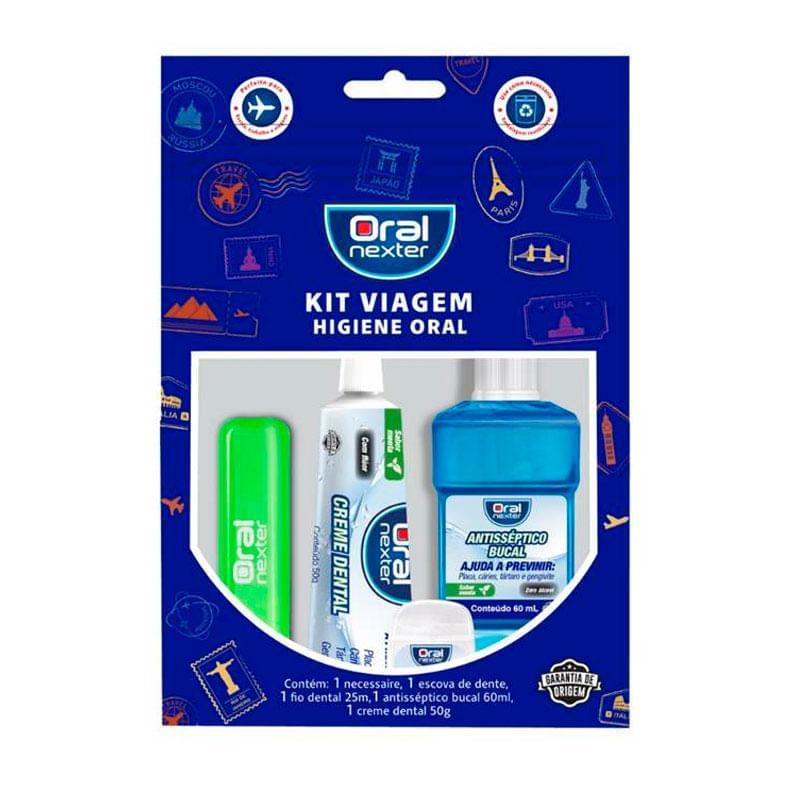 Kit Viagem Oral 1 Escova de Dente + 1 Fio Dental 25m + 1 Antisséptico Bucal 60ml + 1 Creme Dental 50g