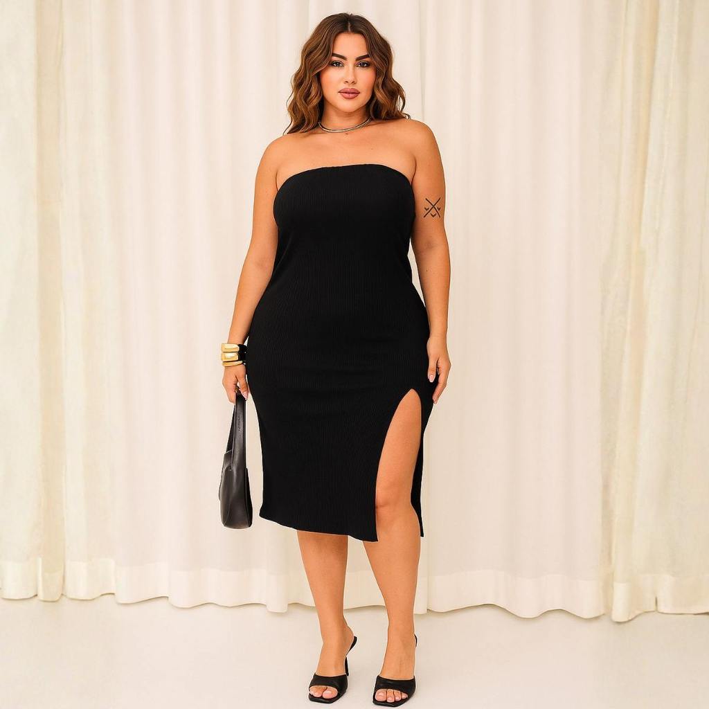 Vestido Tubinho Preto Justo Midi Fenda Festa Noite Formatura