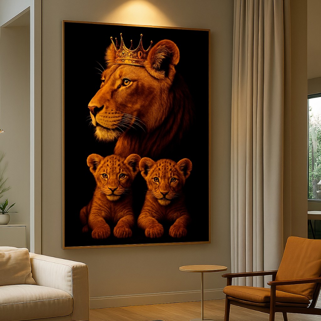 Quadro Decorativo GRANDE Alta Resolução Para Sala Quarto Escritório Quadro Leoa com coroa 2 filhotes em Oferta na Shopee