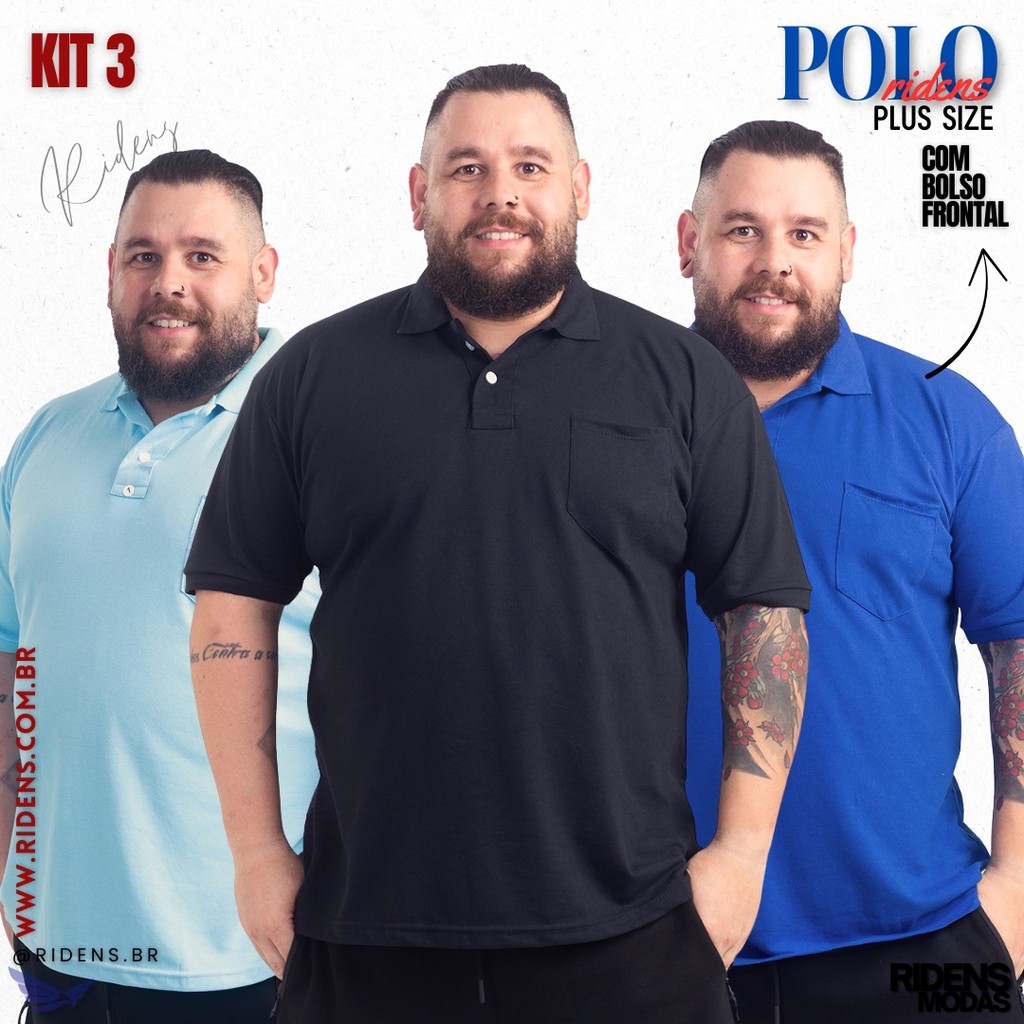 Kit 3 Camisa Gola Polo Plus Size Com Bolso Masculina Tecido Premium e Ótimo Acabamento