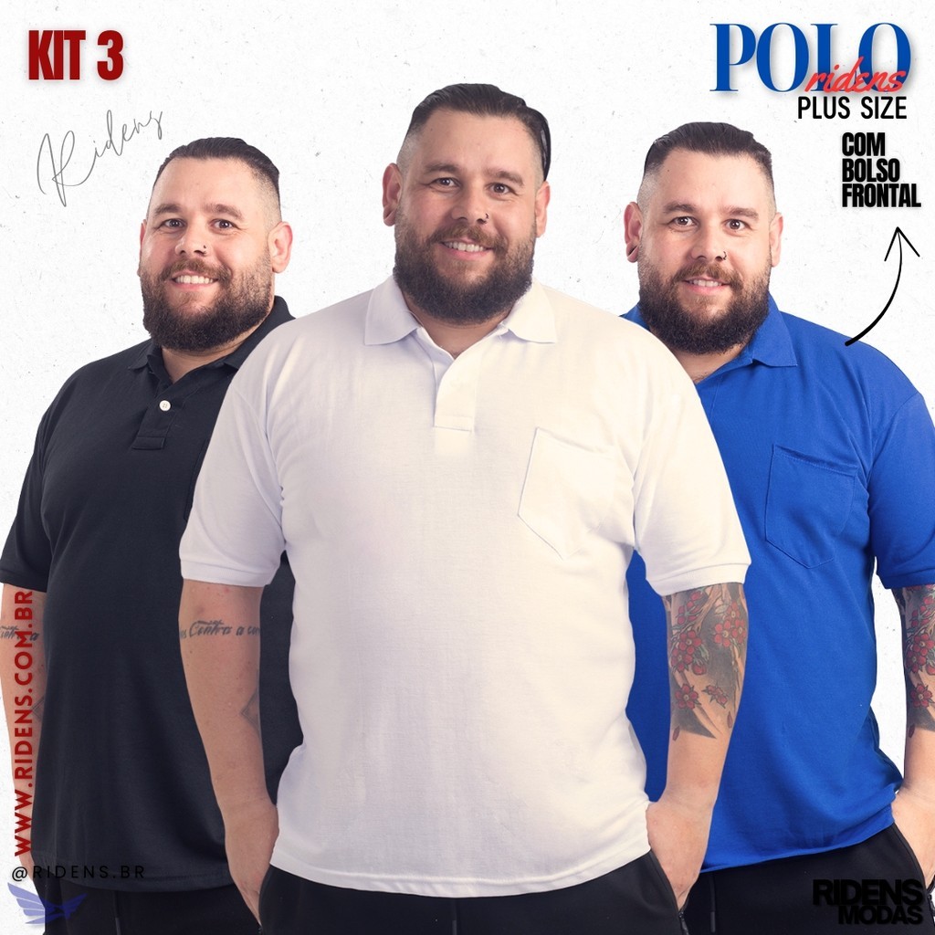 Kit 3 Camisa Gola Polo Plus Size Com Bolso Masculina Tecido Premium