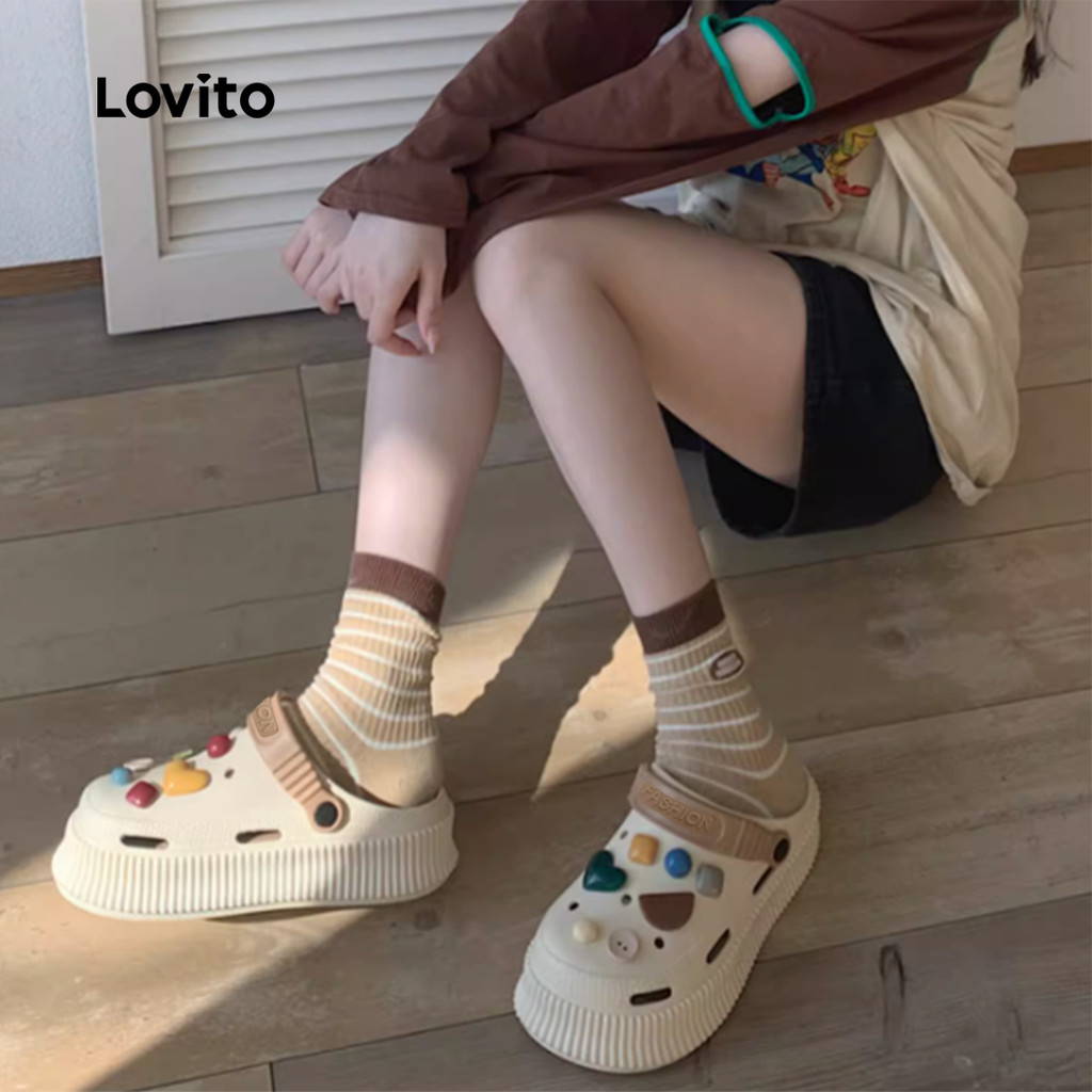 Detalhes do Lovito Sandálias Casuais de Amortecimento com Botão e Bloco de Cores para Mulheres LFA89059