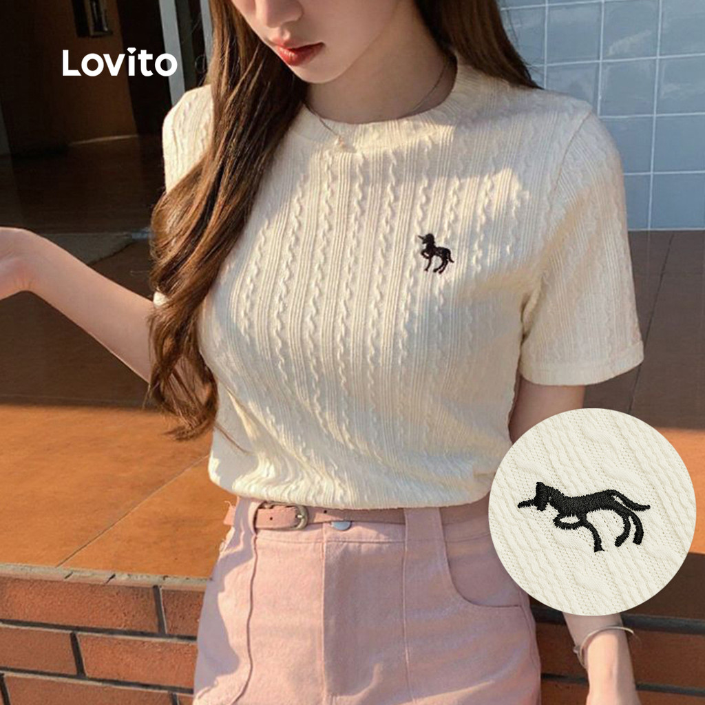 Lovito Camisa Casual com Bordado Primavera/verão Camiseta de Damasco para Mulheres L154ED385