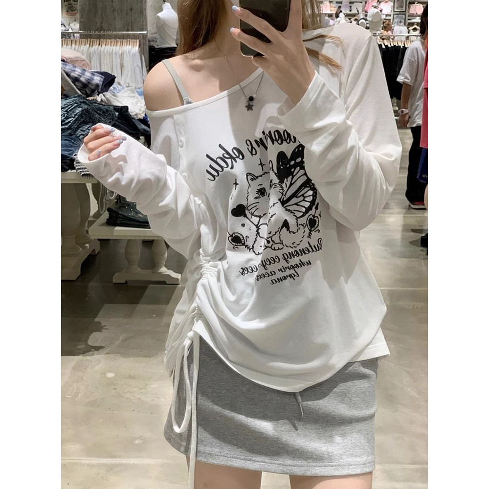 Gato americano impressão fora do ombro manga comprida camiseta feminina primavera verão 2025 novo estilo solto protetor 