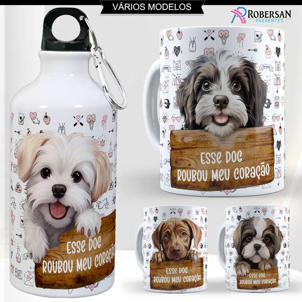 Kit Caneca + Garrafa Raças de Cachorros Squeeze Dog Garrafinha Água Inox Cães Presente Pet Lover