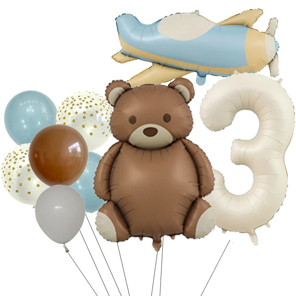 Balão Urso Baby Avião + Número Grande Bexigas Balões Metalizados Ursinho Aviador Chá Bebe Mesversário Urso Aviador Bebe