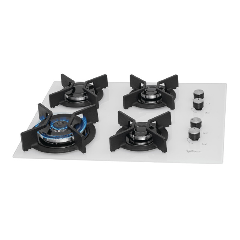 Cooktop a Gás Fischer 4 Bocas Tripla Chama Infinity com Trempe de ferro fundido Mesa Vidro Branco Bivolt