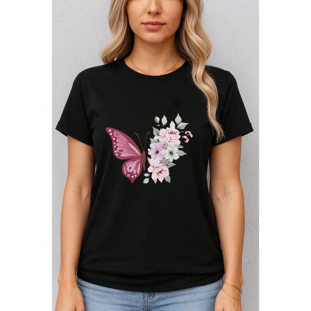 Camiseta T-Shirt Feminina Estampada Borboleta 100% Algodão Gola Redonda Casual Confortável