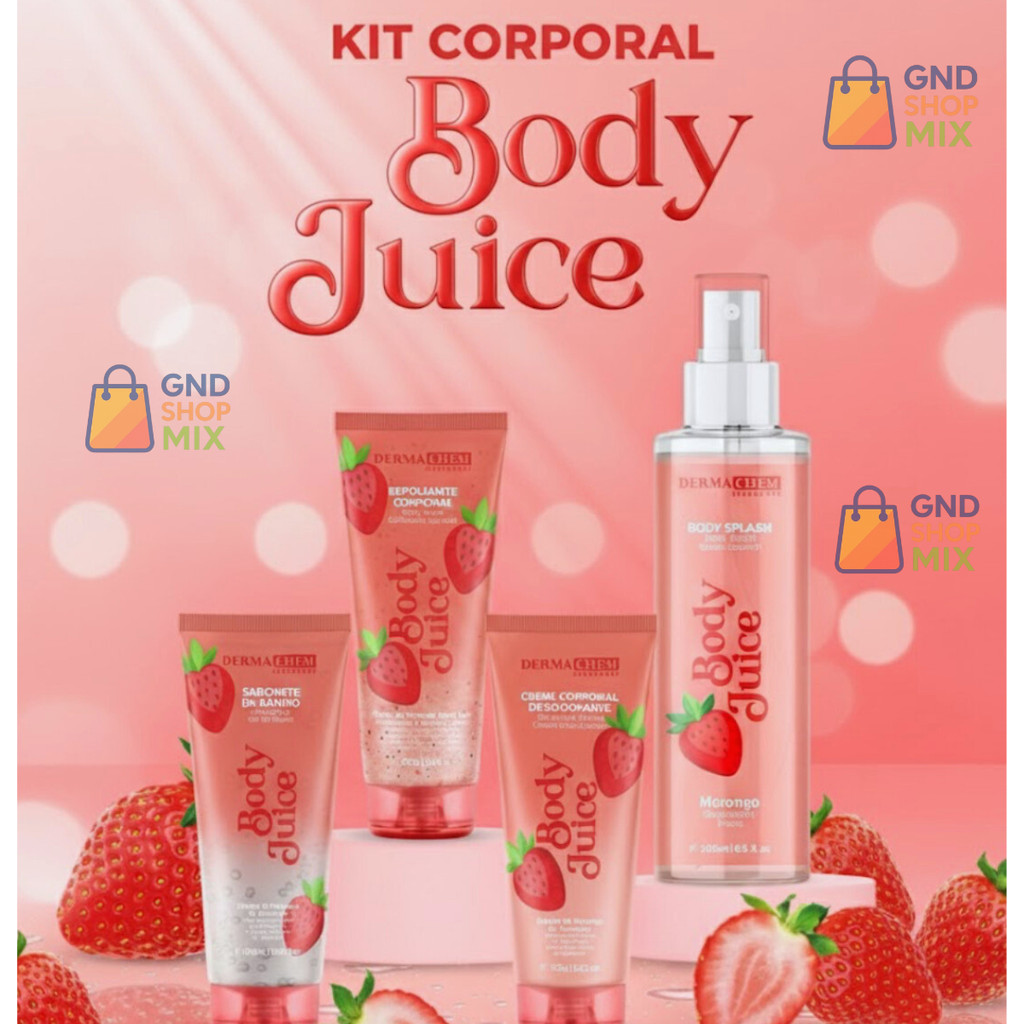 Kit Skin Care Corporal Morango Champanhe Body Juice Dermachem Esfoliante Body Splash Creme Hidratante