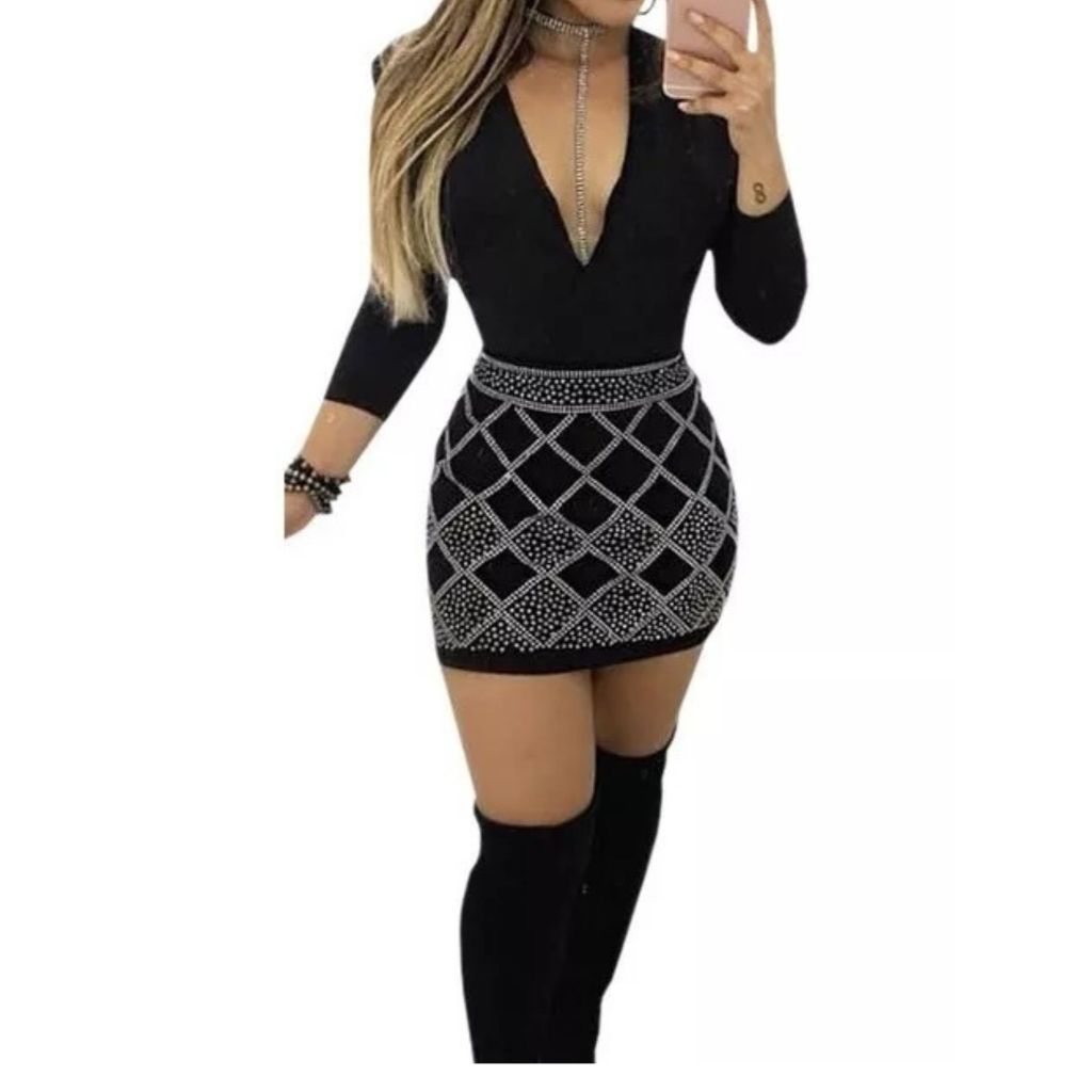 Conjunto Saia E Body Feminino Pedraria Manga Longa