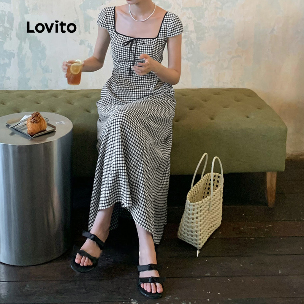 Detalhes do Lovito Vestido Casual Com Contraste E Amarração, Primavera/verão, Vestido Preto E Branco Para Mulheres L138AD873