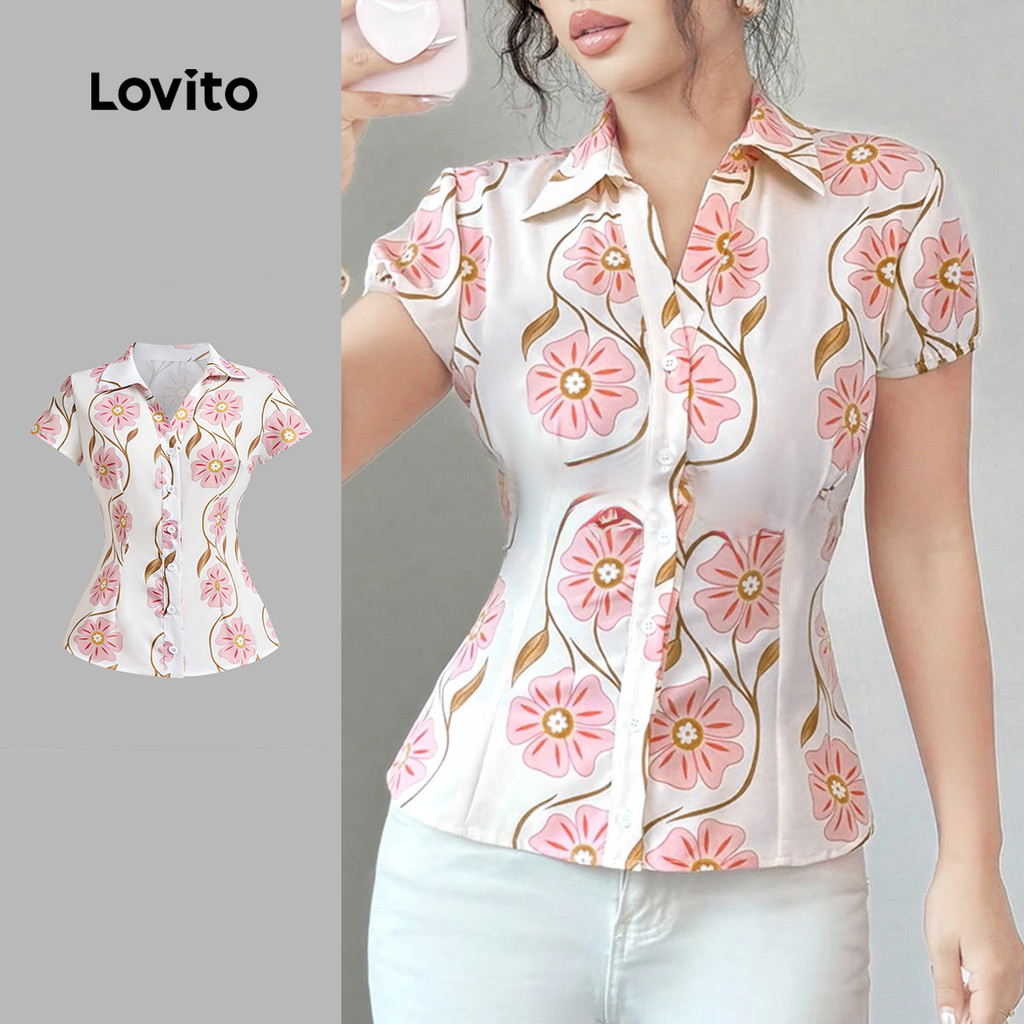 Lovito Blusa Elegante Estrutura de Flores Primavera/verão Blusa Rosa para mulheres LBL28288
