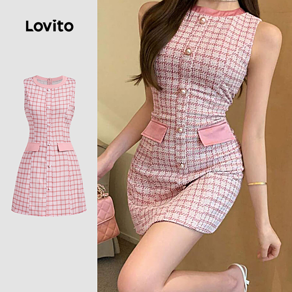 Lovito Vestido Elegante Colorido com Bolso Falso Primavera/verão Rosa para mulheres L142ED231 em Oferta na Shopee