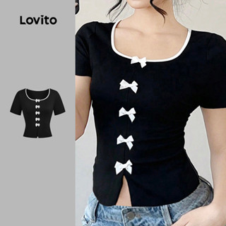 Lovito Camiseta Casual com Abertura Frontal Divisível Acabamento Contrastante Primavera/verão preta L143ED435 em Oferta na Shopee