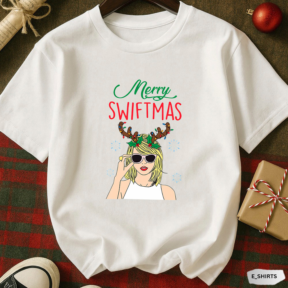 Camiseta Basica Unissex Merry Swiftmas Natal | Estilo Natalino Pop com Arte Taylor Swift Cantora