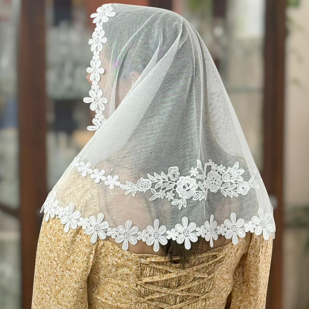 Véu Ccb Aplique Floral e Renda Dupla Congregação Cristã (modelo Dafne) em Oferta na Shopee