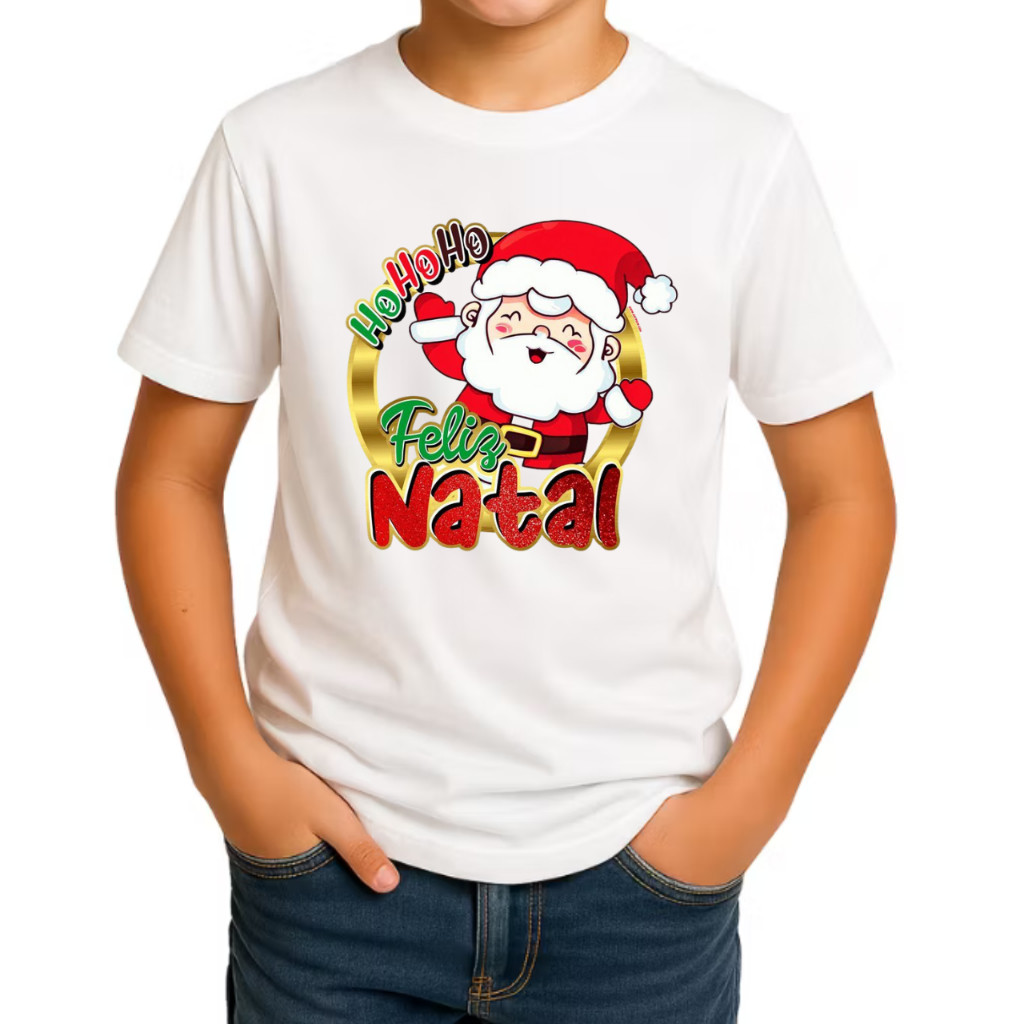 Camiseta Infantil Juvenil Feliz Natal Papai Noel Ho Ho Camisa Estampada Algodão Tendencia Lançamento