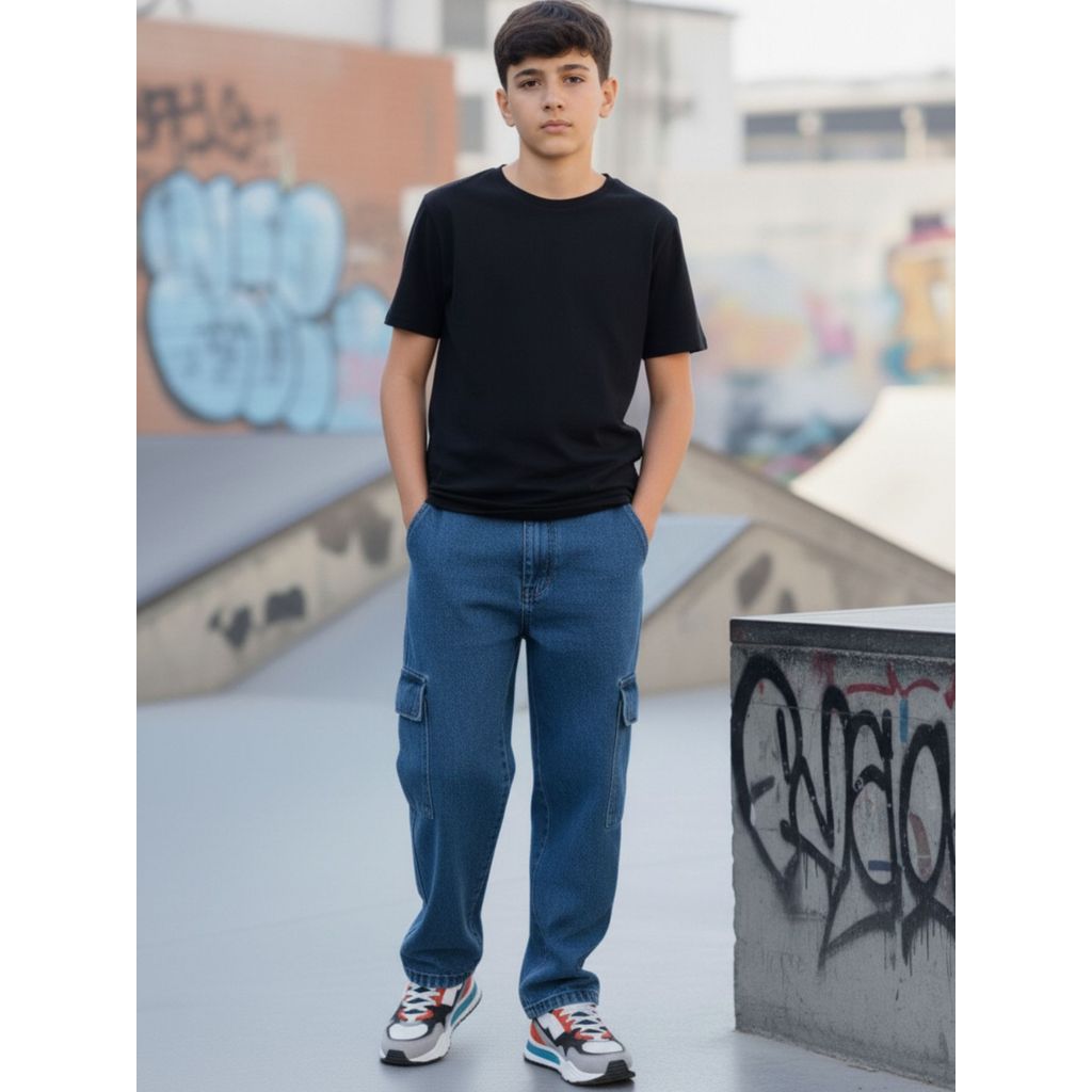 Calça jeans cargo menino masculino infantil e juvenil regulador interno em Oferta na Shopee