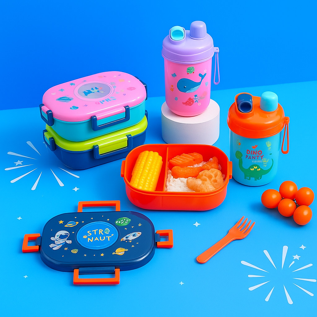 Kit Marmita Infantil com Talheres de Plástico e Garrafa de 600ml com Canudo Lancheira Escolar Creche