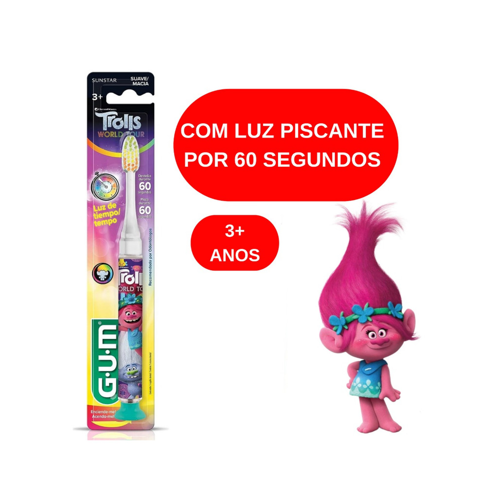 Escova Dental Infantil que Pisca Trolls Cerdas Macias Pisca por 60 segundos - GUM