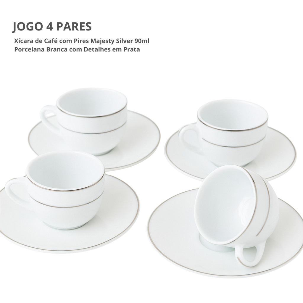 Jogo Xicaras De Café Com Pires 90ml Kit 4 Peças Borda Prata Porcelana Majesty Silver Luxo