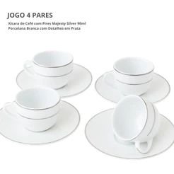 Jogo Xicaras De Café Com Pires 90ml Kit 4 Peças Borda Prata Porcelana Majesty Silver Luxo