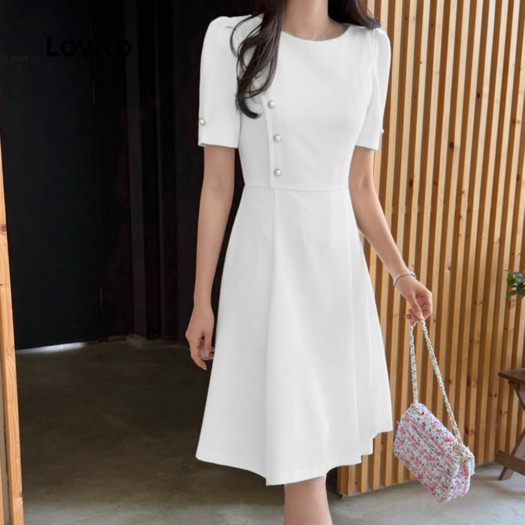 Detalhes do Lovito Botão de Vestido Elegante Pregueado para Caminhada Primavera/verão Vestido Off-white para mulheres L155ED604
