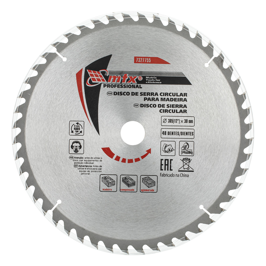 DISCO SERRA CIRCULAR PARA MADEIRA, 305MM (12POL.) X 30MM, 48 DENTES, 1PC // MTX