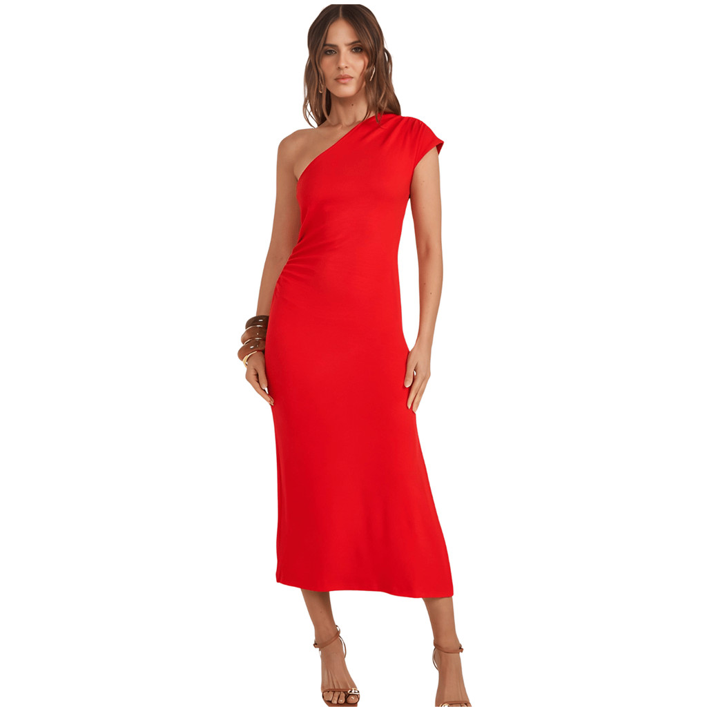 Vestido Midi Assimétrico Uma Manga Drapeado Colcci