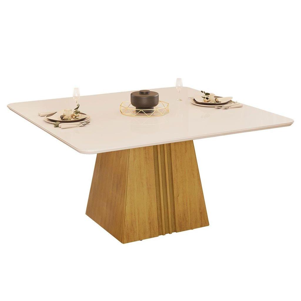 Mesa de Sala Jantar Itália c/ Tampo Madeirado c/ Vidro Curvo 136x136cm Cedro/Off White - DJ Móveis