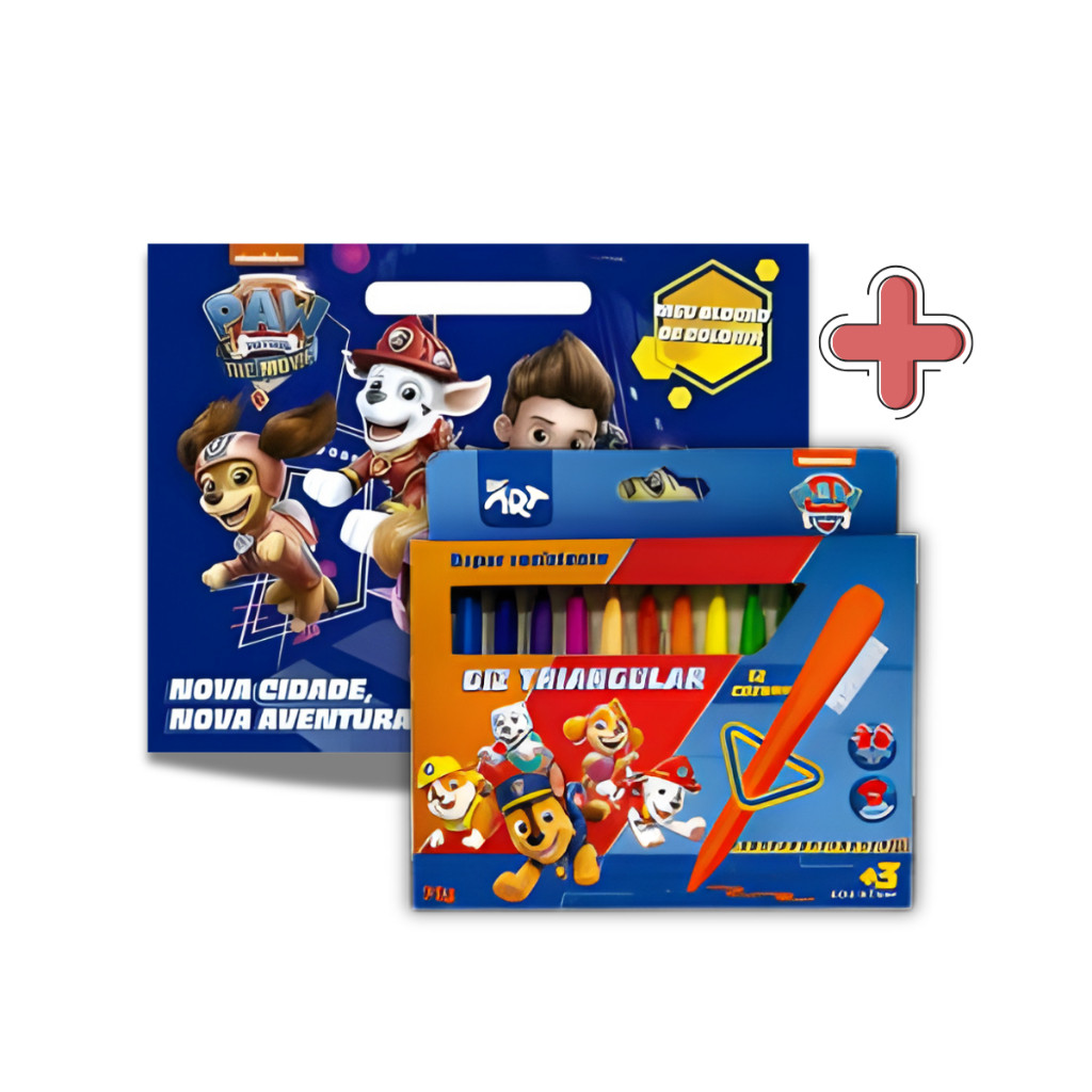 Kit Livro + Giz Grande Triangular Patrulha Canina Blocão De Colorir + Giz 12 Cores
