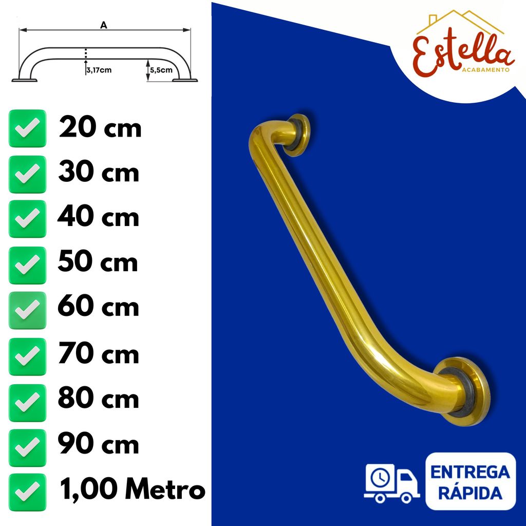 Alça de Apoio Dourada em Alumínio 20cm a 1Metro Banheiro PCD Idoso Segurança Corrimão