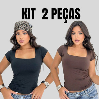 Kit 2 Blusinhas Baby Tee Manga Curta com Decote Quadrado e Forro Duplo Suplex