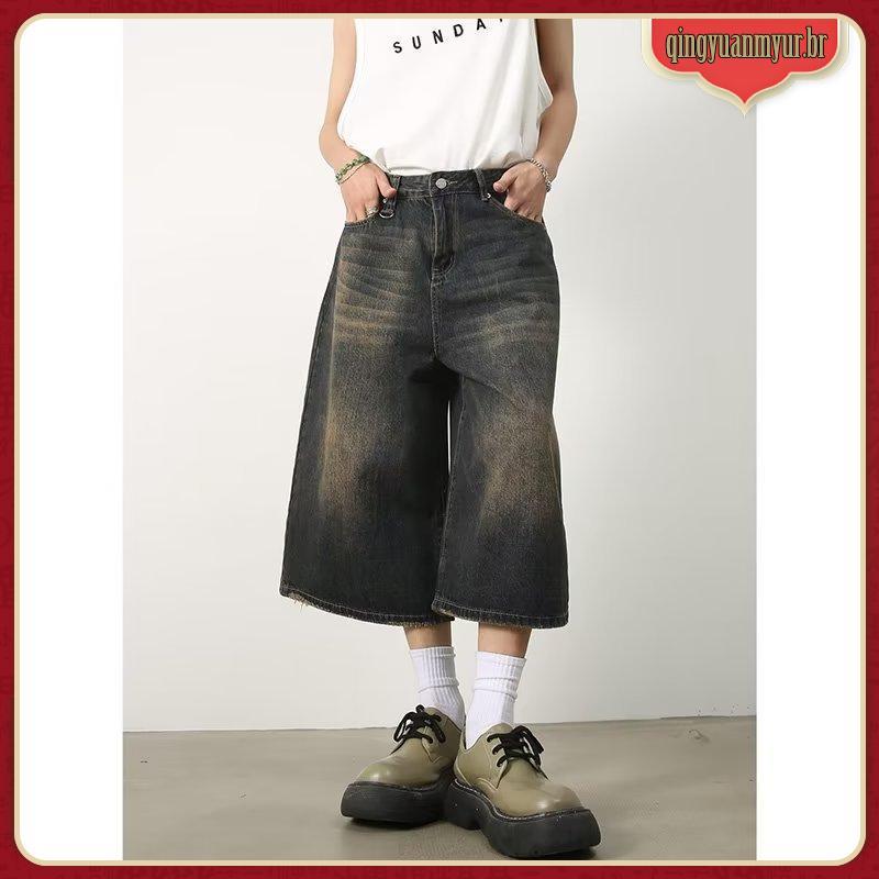 (duyonglin111) Shorts Jeans Folgados Vintage Y2k , Calças Largas Para Mulheres E Homens , Moda Cintura Alta , Lavagem Na