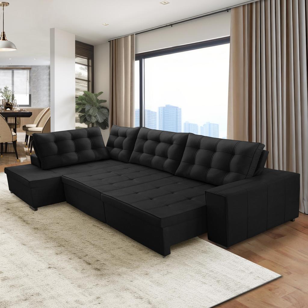 Sofá de Canto Retrátil e Reclinável com Molas 3,00x2,00 Esq Jacke Suede Preto Adonai Estofados