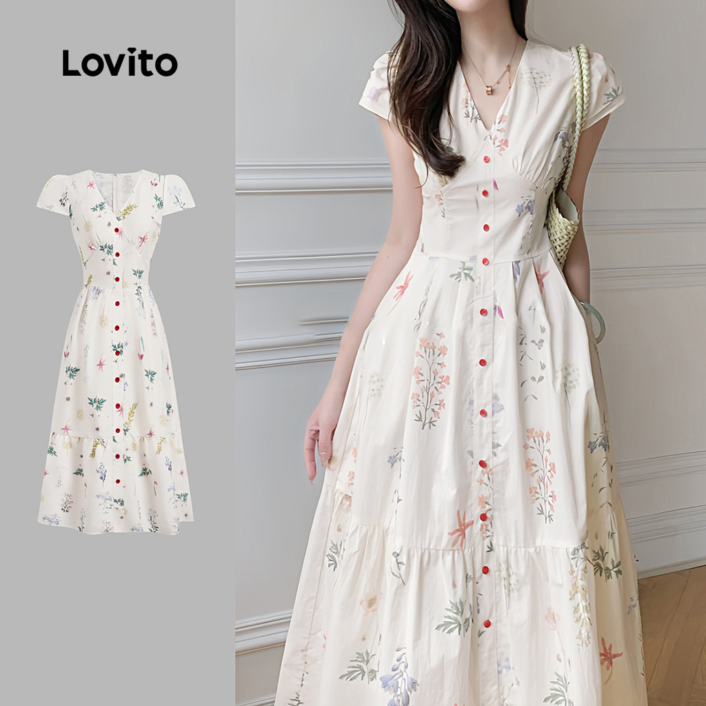 Lovito Vestido Casual Com Estrutura De Botões E Linha Primavera/verão Para Mulheres L137ED506 em Oferta na Shopee